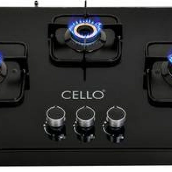 CELLO Crysta Automatic Ignition Hob Top 8 MM Black Glass Automatic Gas Stove (3 Burners)
