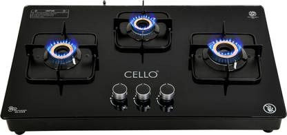CELLO Crysta Automatic Ignition Hob Top 8 MM Black Glass Automatic Gas Stove (3 Burners)